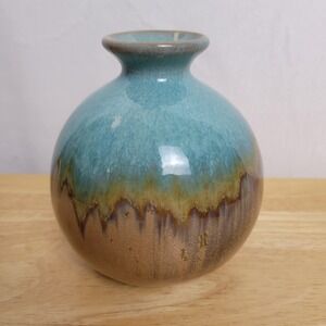 Studio Pottery Vase Drip Glaze Blue Green Brown Ceramic Round Mid Century Modern